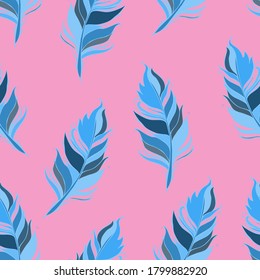Blue feathers on pink background. Seamless pattern. Vector illustration