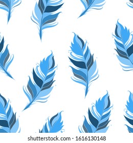 Blue feathers on White background. Seamless pattern. Vector illustration. 
