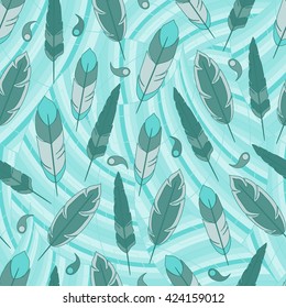 Blue feathers seamless pattern. Boho style.