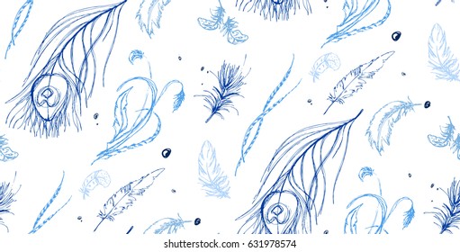 Blue feathers seamless vector background
