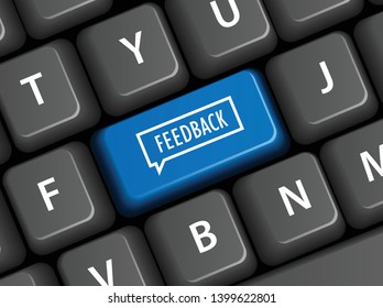 Blue FEEDBACK key on keyboard with speech bubble icon