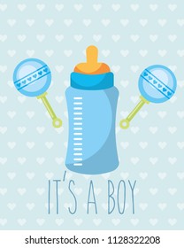 blue feeding bottle rattles toy its a boy card