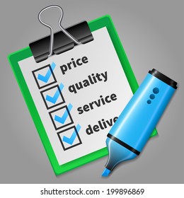 Blue felt tip pen and green tablet with checklist, isolated