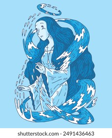 Blue Female Aquarius Water Spirit Fantasy Character Illustration