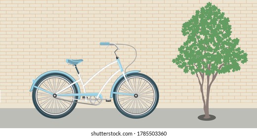 Blue female bicycle - brick wall - vector. Car Free Day.