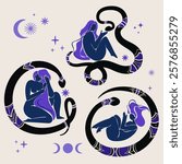 Blue female figures intertwined with snakes, surrounded by celestial symbols like stars and crescent moons Abstract collection.Mystical Serpent with Folk motifs and Woman with Lunar Elements.Vector