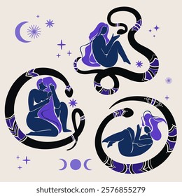 Blue female figures intertwined with snakes, surrounded by celestial symbols like stars and crescent moons Abstract collection.Mystical Serpent with Folk motifs and Woman with Lunar Elements.Vector