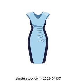 Blue female fitted dress cartoon illustration. Beautiful short-sleeved dress with dark stripes for elegant woman. Trendy and stylish women gown isolated on white background. Clothes, fashion concept.