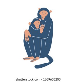 Blue female monkey sitting and holding her monkey cub vector illustration