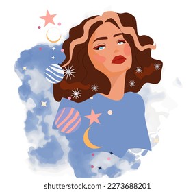 Blue female silhouettes in profile with zodiac symbols and animals. Astrology elements vector illustration isolated on white background. Mysterious woman Vector Space in white dress illustration. 
