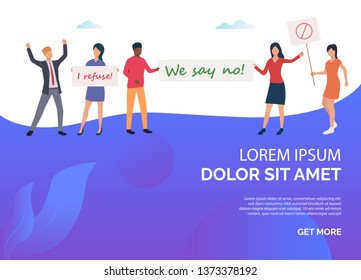 Blue feminism slide rights template. Womans holding big banners with inscripiton. Protest concept Vector illustration can be used for topics like presentation, sociality, activity
