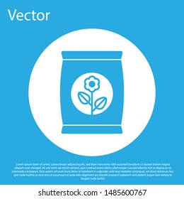 Blue Fertilizer bag icon isolated on blue background. White circle button. Vector Illustration