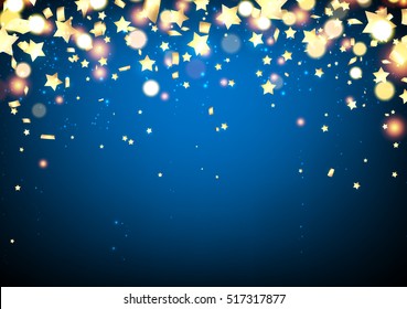 Blue Festive Background With Confetti And Yellow Stars. Vector Illustration.