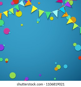 Blue festive background with garlands of colour flags and paper confetti. Vector illustration.
