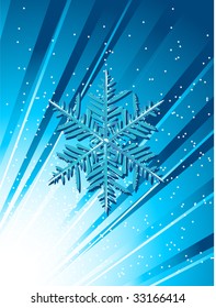 blue festive background with snowflake and light bursting out from corner