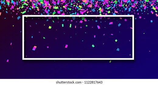Blue festive background with white frame and colorful paper confetti. Vector illustration.