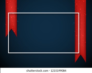 Fondo azul festivo con marco blanco y cintas de satén brillantes rojas. Fondo vectorial.