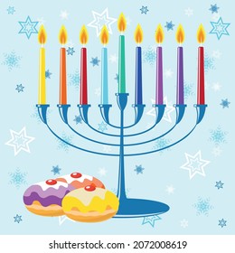 Blue festive Habukkah candleholder for nine candles with doughnuts and white snowflakes and Star of David Magen David on a light blue background.