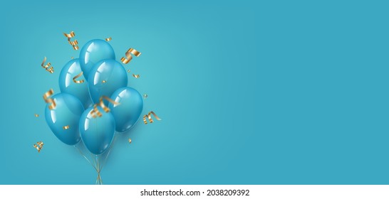 Blue festive horizontal background with balloons and golden confetti, streamers. Use it for banners with promotions or as a greeting card for a birthday, anniversary or other holiday