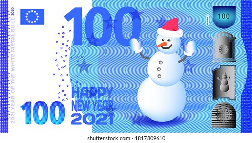 Blue fictional european paper banknote with a snowman and the inscription Happy New Year 2021 EPS10