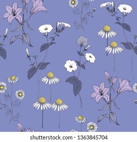 Blue field flowers seamless pattern.