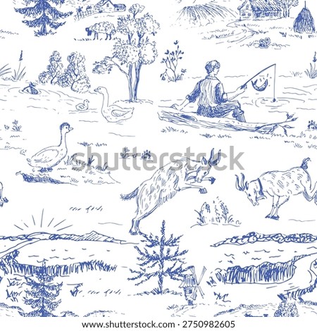 Blue fields in the rural landscapes  toile de jouy pattern for rustic textile, wallpaper design.