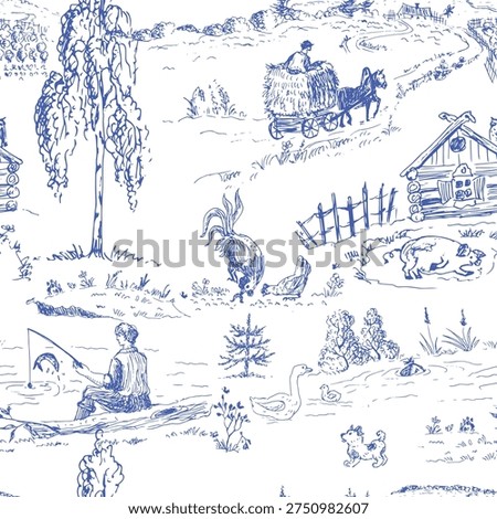 Blue fields in the rural landscapes  toile de jouy pattern for rustic textile, wallpaper design.