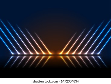 Blue and fiery orange neon laser lines with reflection. Abstract rays technology retro background. Futuristic glowing graphic design. Modern vector illustration