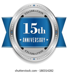 Blue fifteen year anniversary badge with ribbon