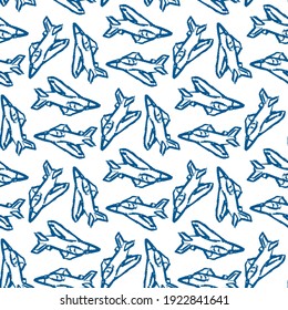 Blue fighter planes isolated on white background. Monochrome seamless pattern. Vector flat graphic hand drawn illustration. Texture.