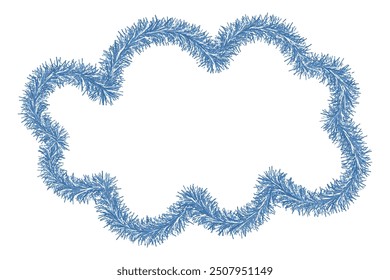 Nube de figura azul hecha de oropel. Ilustración vectorial de color. Fondo blanco aislado. Objeto celeste. Nube de felpa regordeta.