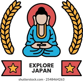 A blue figure with a red face sits in a lotus position