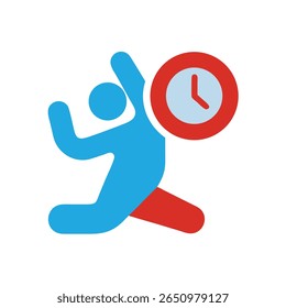 Figura azul correndo com ícone vermelho do relógio da perna representando a gestão do tempo Diabetes conscientização