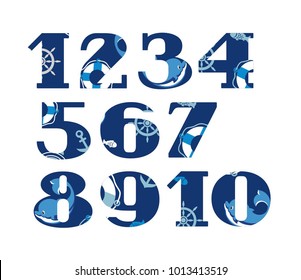 Blue figures with serifs. Vector font. Nautical theme. Dolphins and attributes of sea travel. 