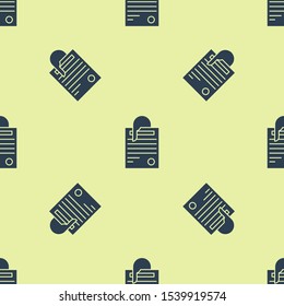 Blue File document and paper clip icon isolated seamless pattern on yellow background. Checklist icon. Business concept.  Vector Illustration