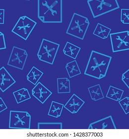 Blue File document with screwdriver and wrench icon isolated seamless pattern on blue background. Adjusting, service, setting, maintenance, repair, fixing.  Vector Illustration