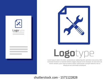 Blue File document with screwdriver and wrench icon isolated on white background. Adjusting, service, setting, maintenance, repair, fixing. Logo design template element. Vector Illustration