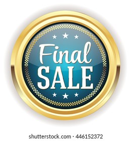 Blue final sale button, badge with gold border on white background