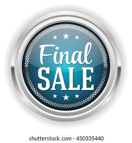 Blue final sale button, badge with silver border on white background