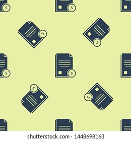 Blue Finance document icon isolated seamless pattern on white background. Paper bank document with dollar coin for invoice or bill concept.  Vector Illustration