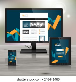 Blue financial application template design for corporate identity with diagram elements. Stationery set
