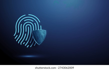 Blue fingerprint behind shield. Biometric security, identity protection, secure authentication, access control, personal data safety, digital privacy concept. Futuristic low poly digital style Vector.
