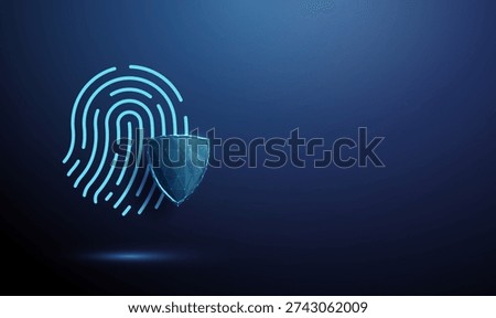 Blue fingerprint behind shield. Biometric security, identity protection, secure authentication, access control, personal data safety, digital privacy concept. Futuristic low poly digital style Vector.