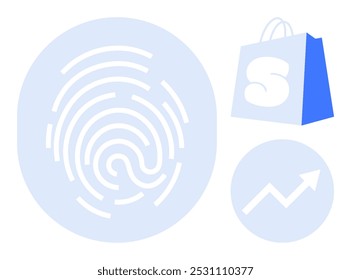 El gráfico azul de huellas dactilares, el bolso de compras azul con logotipo y la flecha azul hacia arriba indican temas de seguridad, comercio electrónico y crecimiento. Ideal para tecnología, finanzas, negocios, comportamiento del consumidor y datos