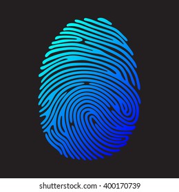 Blue fingerprint on black background. Security system . Vector illustration.