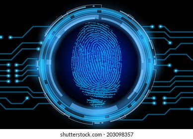  Blue fingerprint pattern surrounded by futuristic circuit board for tech ID and security system.