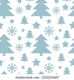 Blue fir trees, stars and snowflakes on white background, monochrome christmas seamless pattern, simple flat illustration. Geometric shapes of Christmas trees in the Scandinavian style. For gift paper