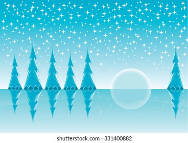 Blue fir trees. Vector illustration of winter blue background with fir tree
