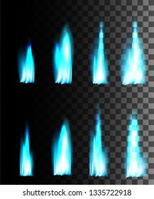 Blue fire abstract effect on transparent background. Fire icon set. Glowing light effect. Vector illustration.