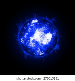 Blue Fire Ball Planet. World on fire. Illustration on black background